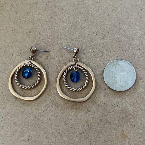 Brushed Gold Tone Circle Drop Pierced Earrings with Blue Acrylic Bead - Picture 6 of 7